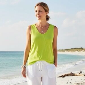 Soft Surroundings Tank Top Womens Medium Lime Green Slub Cotton V-Neck Summer